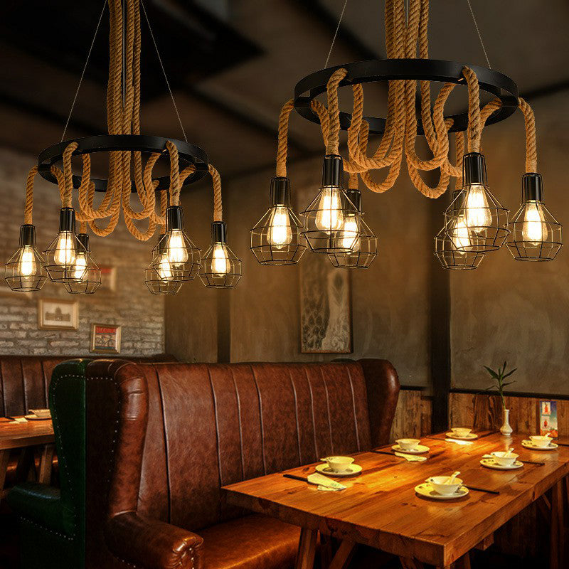6 Bulbs Ceiling Chandelier Rustic Circular Iron Pendant Light with Hemp Rope and Cage in Brown for Restaurant Clearhalo 'Cast Iron' 'Ceiling Lights' 'Chandeliers' 'Industrial Chandeliers' 'Industrial' 'Metal' 'Middle Century Chandeliers' 'Rustic Chandeliers' 'Tiffany' Lighting' 1911803