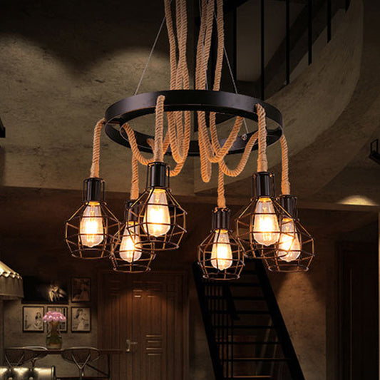 6 Bulbs Ceiling Chandelier Rustic Circular Iron Pendant Light with Hemp Rope and Cage in Brown for Restaurant Clearhalo 'Cast Iron' 'Ceiling Lights' 'Chandeliers' 'Industrial Chandeliers' 'Industrial' 'Metal' 'Middle Century Chandeliers' 'Rustic Chandeliers' 'Tiffany' Lighting' 1911804