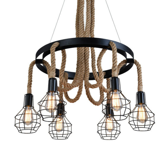 6 Bulbs Ceiling Chandelier Rustic Circular Iron Pendant Light with Hemp Rope and Cage in Brown for Restaurant Clearhalo 'Cast Iron' 'Ceiling Lights' 'Chandeliers' 'Industrial Chandeliers' 'Industrial' 'Metal' 'Middle Century Chandeliers' 'Rustic Chandeliers' 'Tiffany' Lighting' 1911805