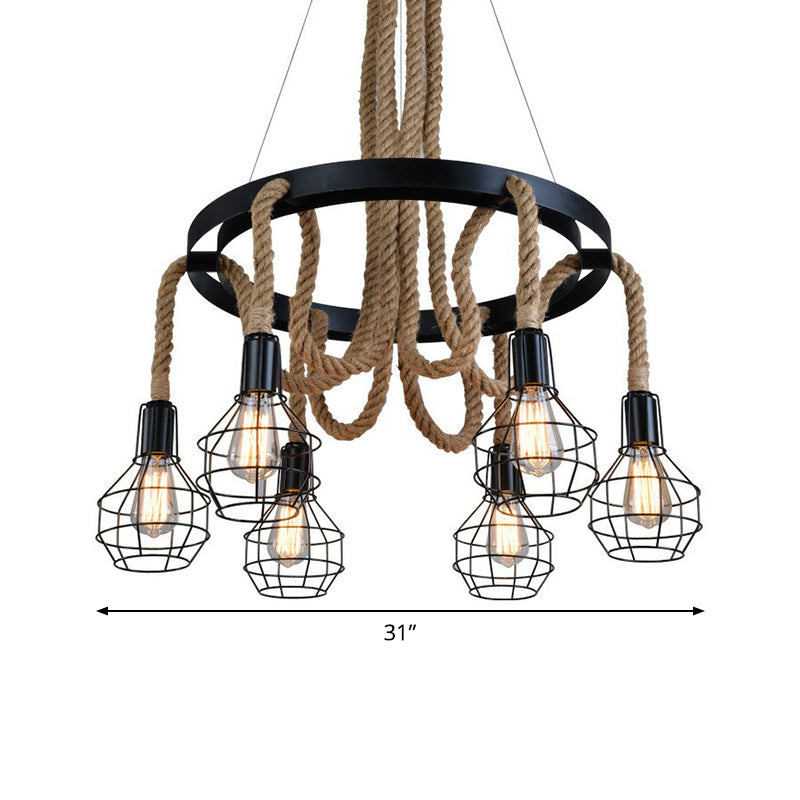 6 Bulbs Ceiling Chandelier Rustic Circular Iron Pendant Light with Hemp Rope and Cage in Brown for Restaurant Clearhalo 'Cast Iron' 'Ceiling Lights' 'Chandeliers' 'Industrial Chandeliers' 'Industrial' 'Metal' 'Middle Century Chandeliers' 'Rustic Chandeliers' 'Tiffany' Lighting' 1911806