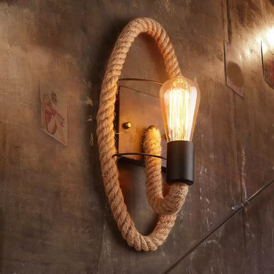 Single Rope Wrapped Wall Lamp Farmhouse Brown Oval/Round Dining Room Wall Mount Light with Exposed Bulb Design Brown Oval Clearhalo 'Industrial wall lights' 'Industrial' 'Middle century wall lights' 'Tiffany' 'Wall Lamps & Sconces' 'Wall Lights' Lighting' 1911807