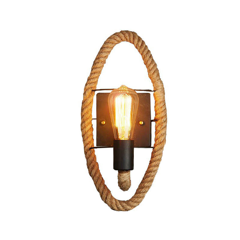 Single Rope Wrapped Wall Lamp Farmhouse Brown Oval/Round Dining Room Wall Mount Light with Exposed Bulb Design Clearhalo 'Industrial wall lights' 'Industrial' 'Middle century wall lights' 'Tiffany' 'Wall Lamps & Sconces' 'Wall Lights' Lighting' 1911810