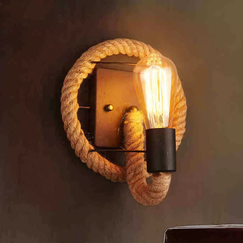 Single Rope Wrapped Wall Lamp Farmhouse Brown Oval/Round Dining Room Wall Mount Light with Exposed Bulb Design Brown Round Clearhalo 'Industrial wall lights' 'Industrial' 'Middle century wall lights' 'Tiffany' 'Wall Lamps & Sconces' 'Wall Lights' Lighting' 1911812