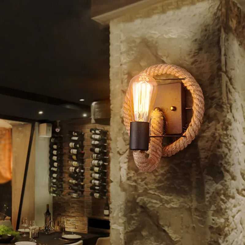 Single Rope Wrapped Wall Lamp Farmhouse Brown Oval/Round Dining Room Wall Mount Light with Exposed Bulb Design Clearhalo 'Industrial wall lights' 'Industrial' 'Middle century wall lights' 'Tiffany' 'Wall Lamps & Sconces' 'Wall Lights' Lighting' 1911813