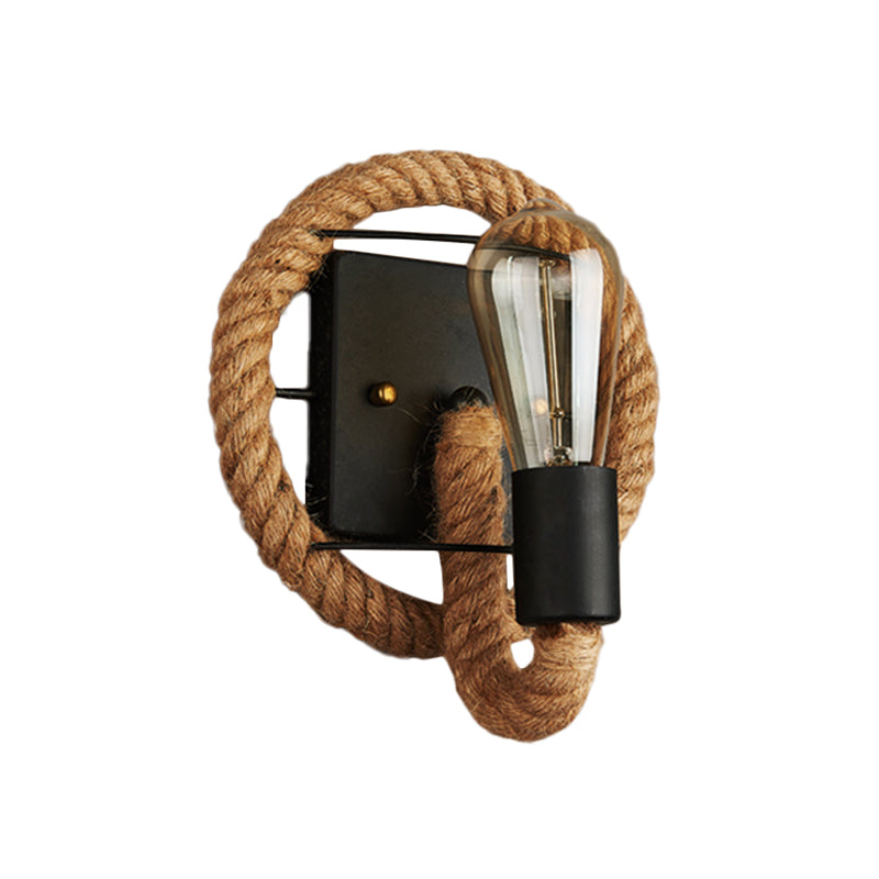 Single Rope Wrapped Wall Lamp Farmhouse Brown Oval/Round Dining Room Wall Mount Light with Exposed Bulb Design Clearhalo 'Industrial wall lights' 'Industrial' 'Middle century wall lights' 'Tiffany' 'Wall Lamps & Sconces' 'Wall Lights' Lighting' 1911814