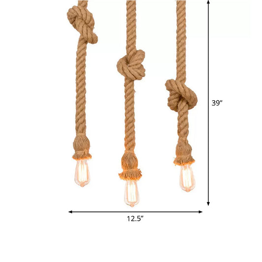 39"/59" H Brown Naked Bulb Design Pendant Countryside Rope Knot 3 Bulbs Kitchen Bar Multiple Hanging Light Clearhalo 'Ceiling Lights' 'Industrial Pendants' 'Industrial' 'Middle Century Pendants' 'Pendant Lights' 'Pendants' 'Tiffany' Lighting' 1911819