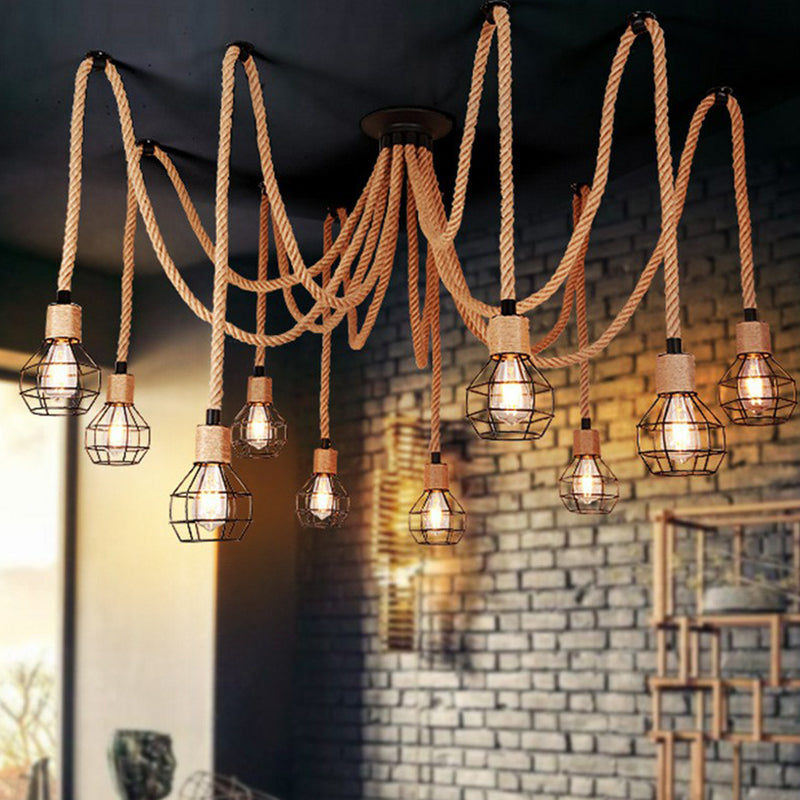 Spherical Cage Bistro Swag Lamp Rural Natural Rope 6/10 Lights Brown Pendant Lighting Fixture 10 Brown Clearhalo 'Art Deco Pendants' 'Cast Iron' 'Ceiling Lights' 'Ceramic' 'Crystal' 'Industrial Pendants' 'Industrial' 'Metal' 'Middle Century Pendants' 'Pendant Lights' 'Pendants' 'Tiffany' Lighting' 1911821