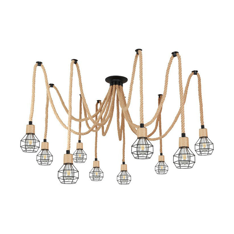 Spherical Cage Bistro Swag Lamp Rural Natural Rope 6/10 Lights Brown Pendant Lighting Fixture Clearhalo 'Art Deco Pendants' 'Cast Iron' 'Ceiling Lights' 'Ceramic' 'Crystal' 'Industrial Pendants' 'Industrial' 'Metal' 'Middle Century Pendants' 'Pendant Lights' 'Pendants' 'Tiffany' Lighting' 1911823