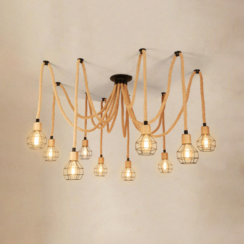 Spherical Cage Bistro Swag Lamp Rural Natural Rope 6/10 Lights Brown Pendant Lighting Fixture Clearhalo 'Art Deco Pendants' 'Cast Iron' 'Ceiling Lights' 'Ceramic' 'Crystal' 'Industrial Pendants' 'Industrial' 'Metal' 'Middle Century Pendants' 'Pendant Lights' 'Pendants' 'Tiffany' Lighting' 1911824