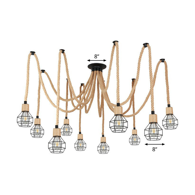 Spherical Cage Bistro Swag Lamp Rural Natural Rope 6/10 Lights Brown Pendant Lighting Fixture Clearhalo 'Art Deco Pendants' 'Cast Iron' 'Ceiling Lights' 'Ceramic' 'Crystal' 'Industrial Pendants' 'Industrial' 'Metal' 'Middle Century Pendants' 'Pendant Lights' 'Pendants' 'Tiffany' Lighting' 1911825