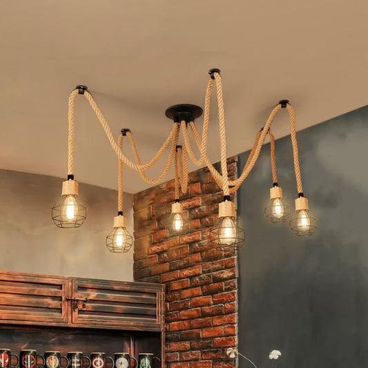 Spherical Cage Bistro Swag Lamp Rural Natural Rope 6/10 Lights Brown Pendant Lighting Fixture 6 Brown Clearhalo 'Art Deco Pendants' 'Cast Iron' 'Ceiling Lights' 'Ceramic' 'Crystal' 'Industrial Pendants' 'Industrial' 'Metal' 'Middle Century Pendants' 'Pendant Lights' 'Pendants' 'Tiffany' Lighting' 1911826