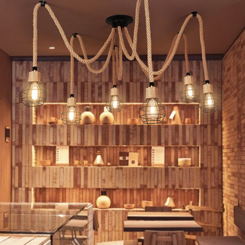 Spherical Cage Bistro Swag Lamp Rural Natural Rope 6/10 Lights Brown Pendant Lighting Fixture Clearhalo 'Art Deco Pendants' 'Cast Iron' 'Ceiling Lights' 'Ceramic' 'Crystal' 'Industrial Pendants' 'Industrial' 'Metal' 'Middle Century Pendants' 'Pendant Lights' 'Pendants' 'Tiffany' Lighting' 1911827