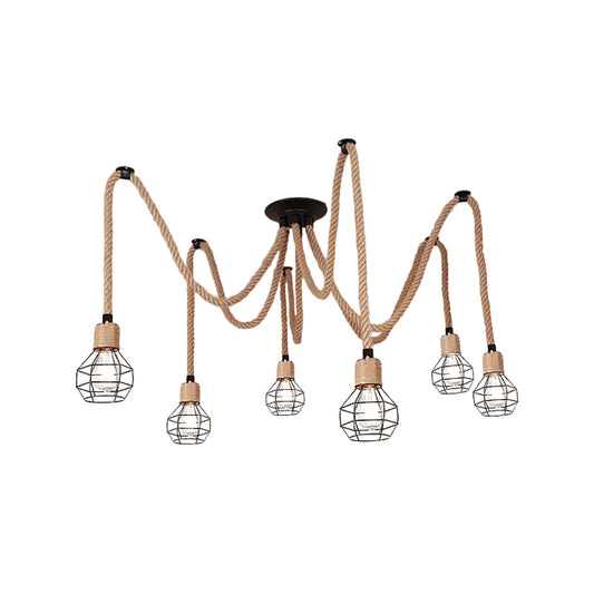 Spherical Cage Bistro Swag Lamp Rural Natural Rope 6/10 Lights Brown Pendant Lighting Fixture Clearhalo 'Art Deco Pendants' 'Cast Iron' 'Ceiling Lights' 'Ceramic' 'Crystal' 'Industrial Pendants' 'Industrial' 'Metal' 'Middle Century Pendants' 'Pendant Lights' 'Pendants' 'Tiffany' Lighting' 1911828
