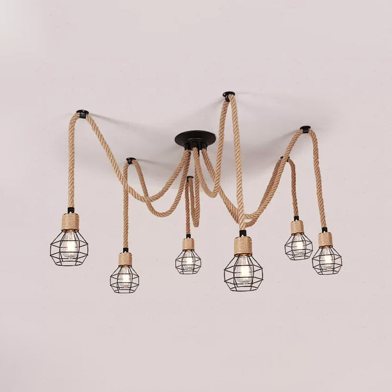 Spherical Cage Bistro Swag Lamp Rural Natural Rope 6/10 Lights Brown Pendant Lighting Fixture Clearhalo 'Art Deco Pendants' 'Cast Iron' 'Ceiling Lights' 'Ceramic' 'Crystal' 'Industrial Pendants' 'Industrial' 'Metal' 'Middle Century Pendants' 'Pendant Lights' 'Pendants' 'Tiffany' Lighting' 1911829