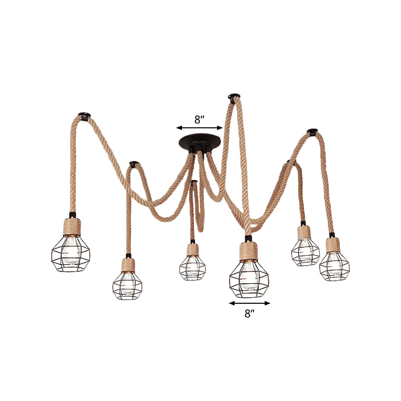 Spherical Cage Bistro Swag Lamp Rural Natural Rope 6/10 Lights Brown Pendant Lighting Fixture Clearhalo 'Art Deco Pendants' 'Cast Iron' 'Ceiling Lights' 'Ceramic' 'Crystal' 'Industrial Pendants' 'Industrial' 'Metal' 'Middle Century Pendants' 'Pendant Lights' 'Pendants' 'Tiffany' Lighting' 1911830