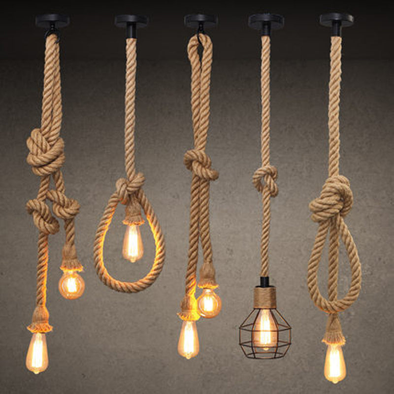 Hemp Rope Knot Brown Hanging Lamp Bare Bulb Design 1 Head Farmhouse Ceiling Pendant Light Clearhalo 'Ceiling Lights' 'Industrial Pendants' 'Industrial' 'Middle Century Pendants' 'Pendant Lights' 'Pendants' 'Tiffany' Lighting' 1911831