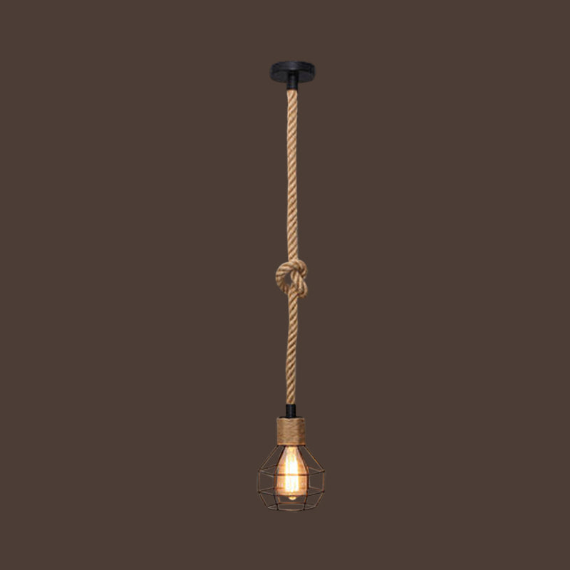 Hemp Rope Knot Brown Hanging Lamp Bare Bulb Design 1 Head Farmhouse Ceiling Pendant Light Clearhalo 'Ceiling Lights' 'Industrial Pendants' 'Industrial' 'Middle Century Pendants' 'Pendant Lights' 'Pendants' 'Tiffany' Lighting' 1911834