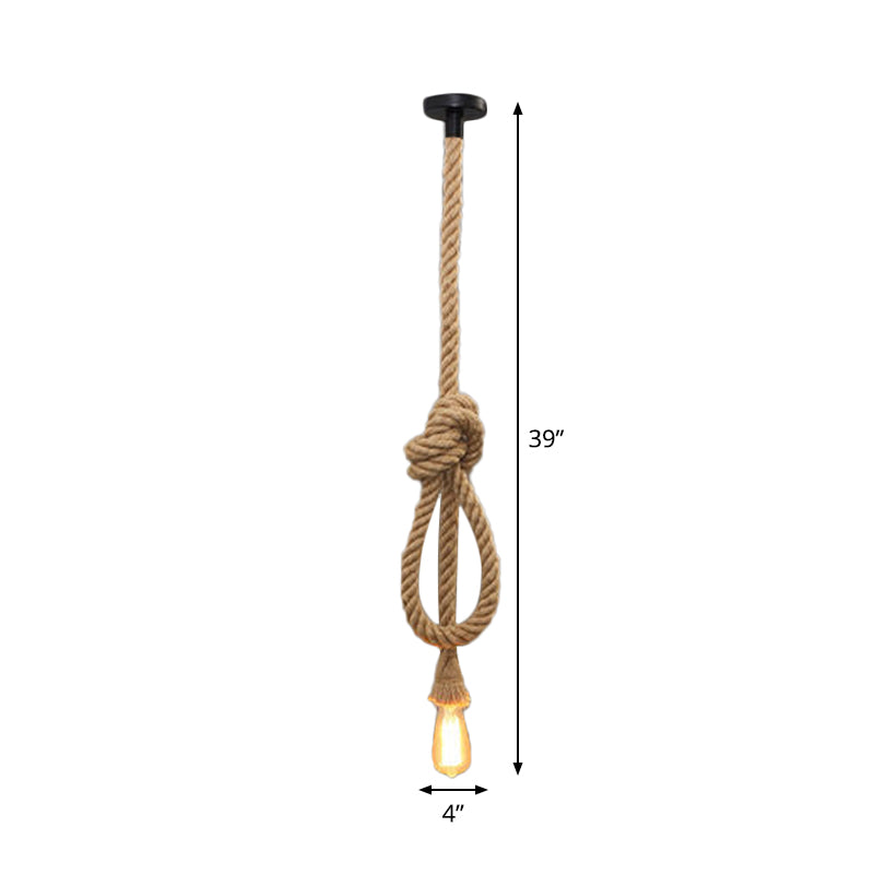 Hemp Rope Knot Brown Hanging Lamp Bare Bulb Design 1 Head Farmhouse Ceiling Pendant Light Clearhalo 'Ceiling Lights' 'Industrial Pendants' 'Industrial' 'Middle Century Pendants' 'Pendant Lights' 'Pendants' 'Tiffany' Lighting' 1911842