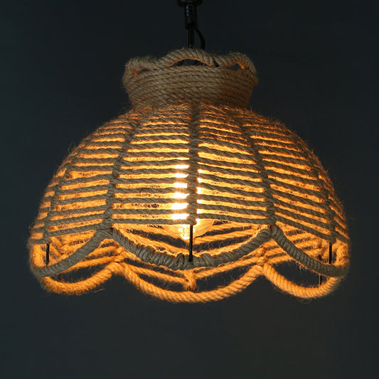 1 Head Down Lighting Pendant Rustic Scalloped Bowl/Hut Shaped Jute Rope Ceiling Suspension Lamp in Wood for Dining Room Clearhalo 'Ceiling Lights' 'Industrial Pendants' 'Industrial' 'Middle Century Pendants' 'Pendant Lights' 'Pendants' 'Tiffany' Lighting' 1911846