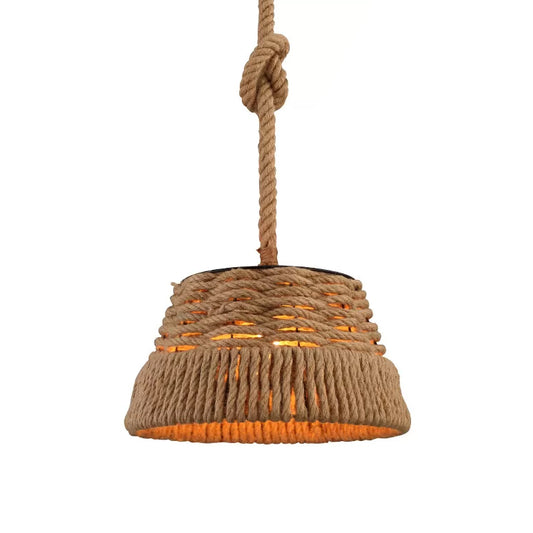 Hand-Weaving Rope Tapered Pendant Rustic 1 Bulb Country Club Ceiling Hang Light in Brown Clearhalo 'Ceiling Lights' 'Industrial Pendants' 'Industrial' 'Middle Century Pendants' 'Pendant Lights' 'Pendants' 'Tiffany' Lighting' 1911855
