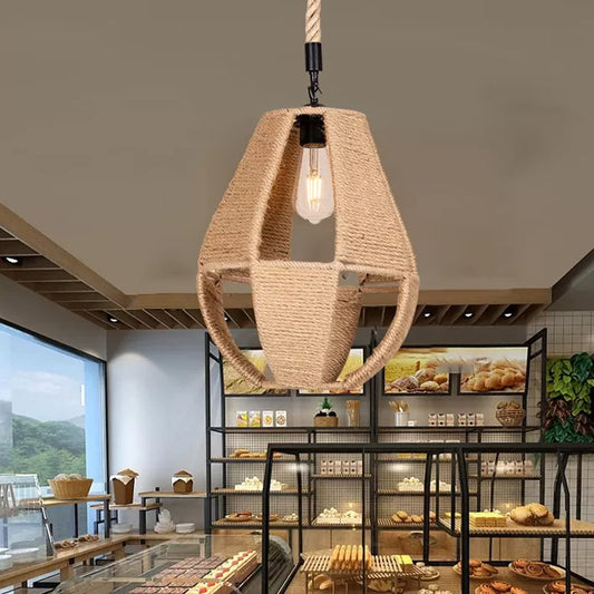 Teardrop Hand-Woven Rope Pendant Light Farmhouse 1-Light Bistro Hollowed Design Hanging Lamp in Brown Clearhalo 'Ceiling Lights' 'Industrial Pendants' 'Industrial' 'Middle Century Pendants' 'Pendant Lights' 'Pendants' 'Tiffany' Lighting' 1911868