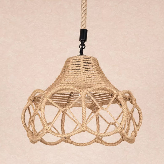 Brown Single-Bulb Pendant Light Fixture Lodge Hemp Rope Hand-Knit Floral Hanging Ceiling Light Clearhalo 'Ceiling Lights' 'Industrial Pendants' 'Industrial' 'Middle Century Pendants' 'Pendant Lights' 'Pendants' 'Tiffany' Lighting' 1911875