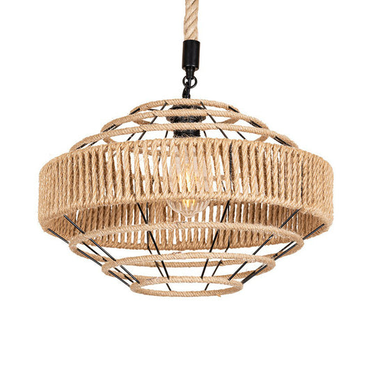Farmhouse Gyro Shaped Drop Pendant 1-Light Natural Rope Hanging Light Fixture in Brown Clearhalo 'Ceiling Lights' 'Industrial Pendants' 'Industrial' 'Middle Century Pendants' 'Pendant Lights' 'Pendants' 'Tiffany' Lighting' 1911879