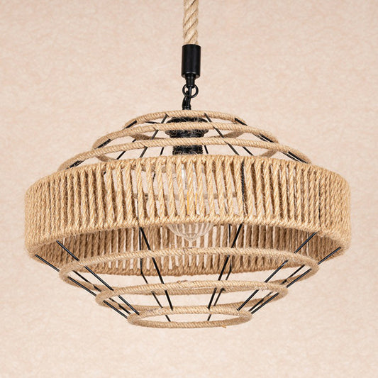 Farmhouse Gyro Shaped Drop Pendant 1-Light Natural Rope Hanging Light Fixture in Brown Clearhalo 'Ceiling Lights' 'Industrial Pendants' 'Industrial' 'Middle Century Pendants' 'Pendant Lights' 'Pendants' 'Tiffany' Lighting' 1911880
