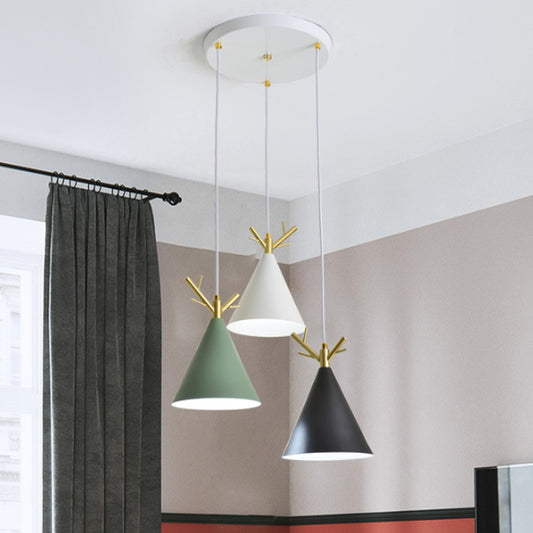 Nordic Conical Cluster Pendant Metallic 3-Head Dining Room Antler Ceiling Light with Round/Linear Canopy in White Clearhalo 'Ceiling Lights' 'Pendant Lights' 'Pendants' Lighting' 1911896