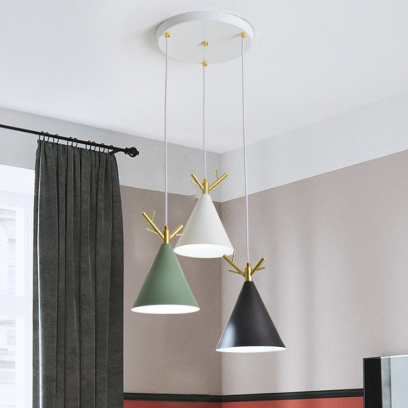 Nordic Conical Cluster Pendant Metallic 3-Head Dining Room Antler Ceiling Light with Round/Linear Canopy in White White Round Clearhalo 'Ceiling Lights' 'Pendant Lights' 'Pendants' Lighting' 1911896_b02a4ff7-92f1-423a-b6e9-b52036f9e137