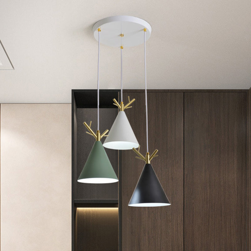 Nordic Conical Cluster Pendant Metallic 3-Head Dining Room Antler Ceiling Light with Round/Linear Canopy in White Clearhalo 'Ceiling Lights' 'Pendant Lights' 'Pendants' Lighting' 1911897