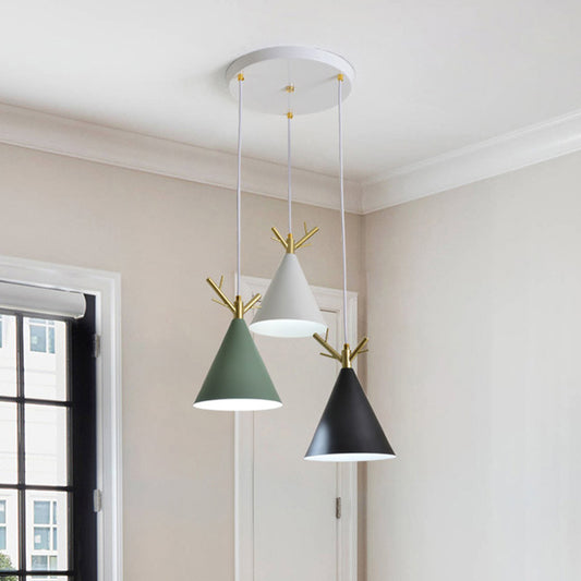 Nordic Conical Cluster Pendant Metallic 3-Head Dining Room Antler Ceiling Light with Round/Linear Canopy in White Clearhalo 'Ceiling Lights' 'Pendant Lights' 'Pendants' Lighting' 1911898
