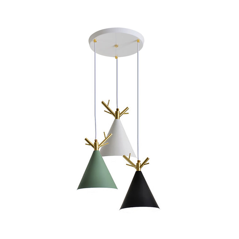 Nordic Conical Cluster Pendant Metallic 3-Head Dining Room Antler Ceiling Light with Round/Linear Canopy in White Clearhalo 'Ceiling Lights' 'Pendant Lights' 'Pendants' Lighting' 1911899