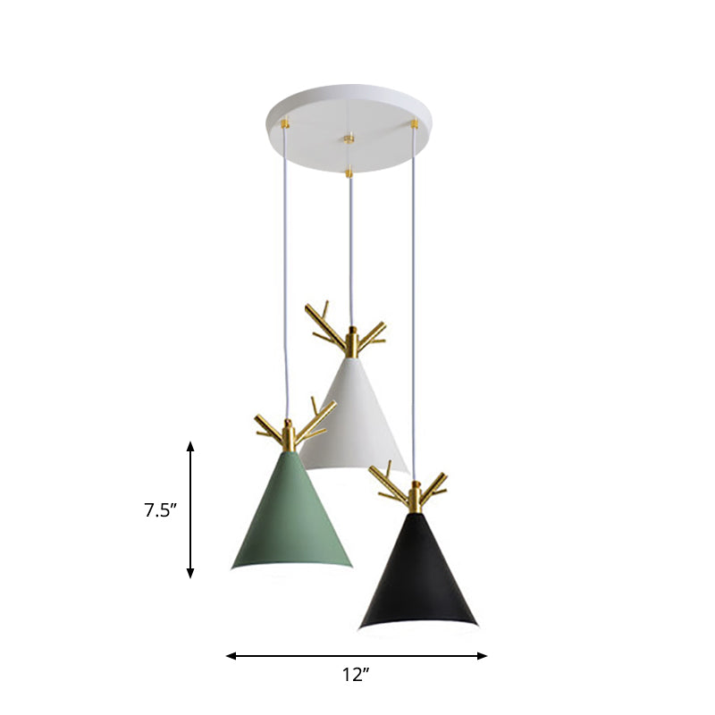 Nordic Conical Cluster Pendant Metallic 3-Head Dining Room Antler Ceiling Light with Round/Linear Canopy in White Clearhalo 'Ceiling Lights' 'Pendant Lights' 'Pendants' Lighting' 1911900