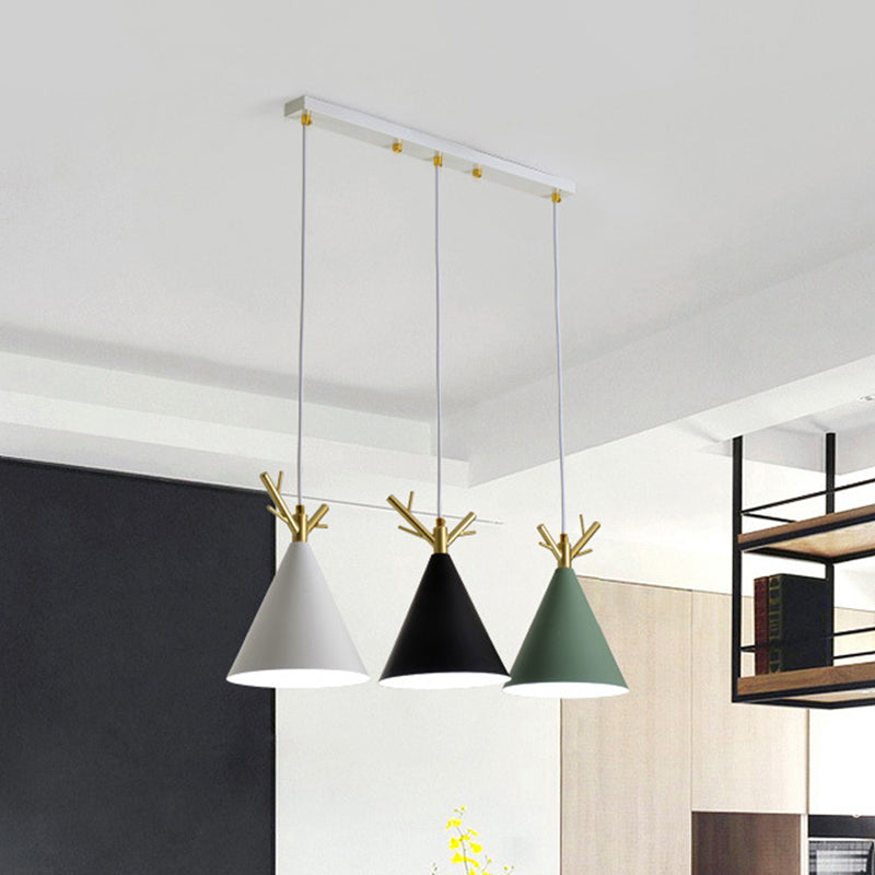 Nordic Conical Cluster Pendant Metallic 3-Head Dining Room Antler Ceiling Light with Round/Linear Canopy in White White Linear Clearhalo 'Ceiling Lights' 'Pendant Lights' 'Pendants' Lighting' 1911901_535b6b3d-d283-48be-aaaa-445b176e56ce