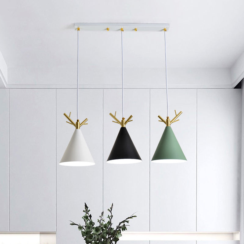 Nordic Conical Cluster Pendant Metallic 3-Head Dining Room Antler Ceiling Light with Round/Linear Canopy in White Clearhalo 'Ceiling Lights' 'Pendant Lights' 'Pendants' Lighting' 1911902
