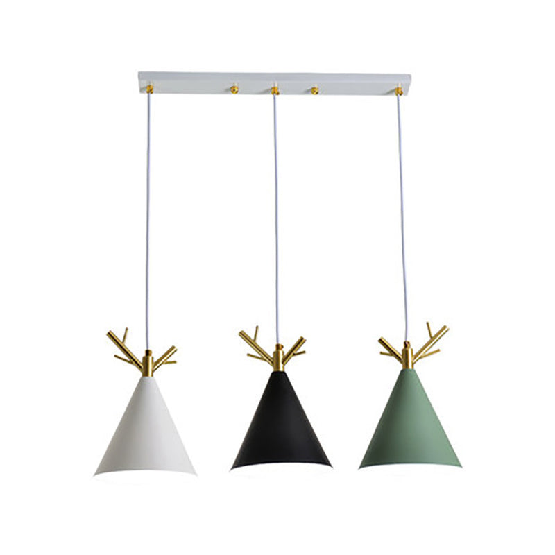Nordic Conical Cluster Pendant Metallic 3-Head Dining Room Antler Ceiling Light with Round/Linear Canopy in White Clearhalo 'Ceiling Lights' 'Pendant Lights' 'Pendants' Lighting' 1911903