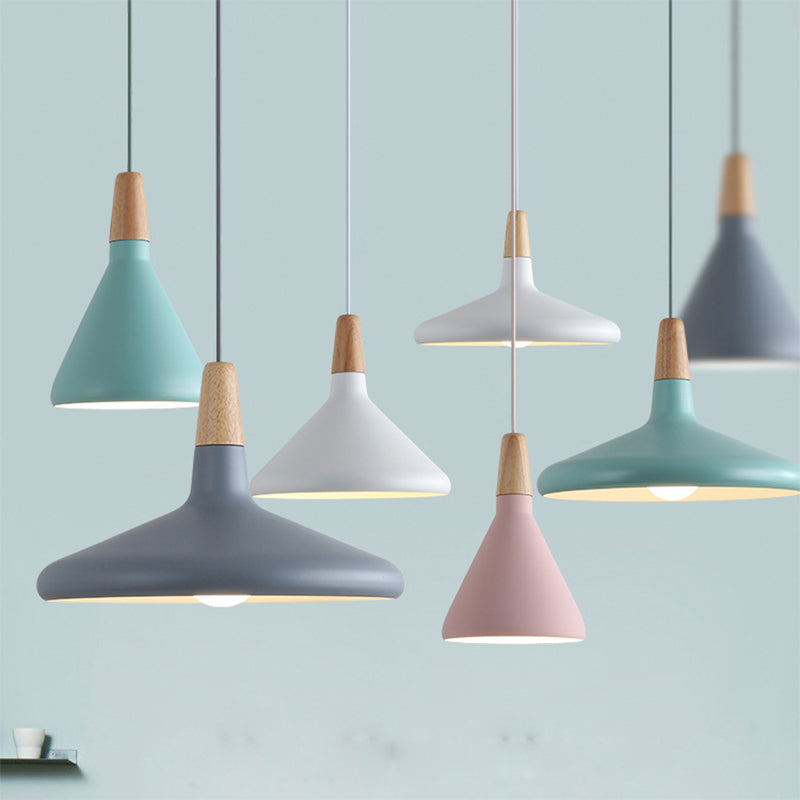 Grey/Pink/Green Cone Hanging Lamp Macaron 1 Bulb Aluminum Ceiling Pendant with Wood Top for Dining Room Clearhalo 'Ceiling Lights' 'Pendant Lights' 'Pendants' Lighting' 1911954