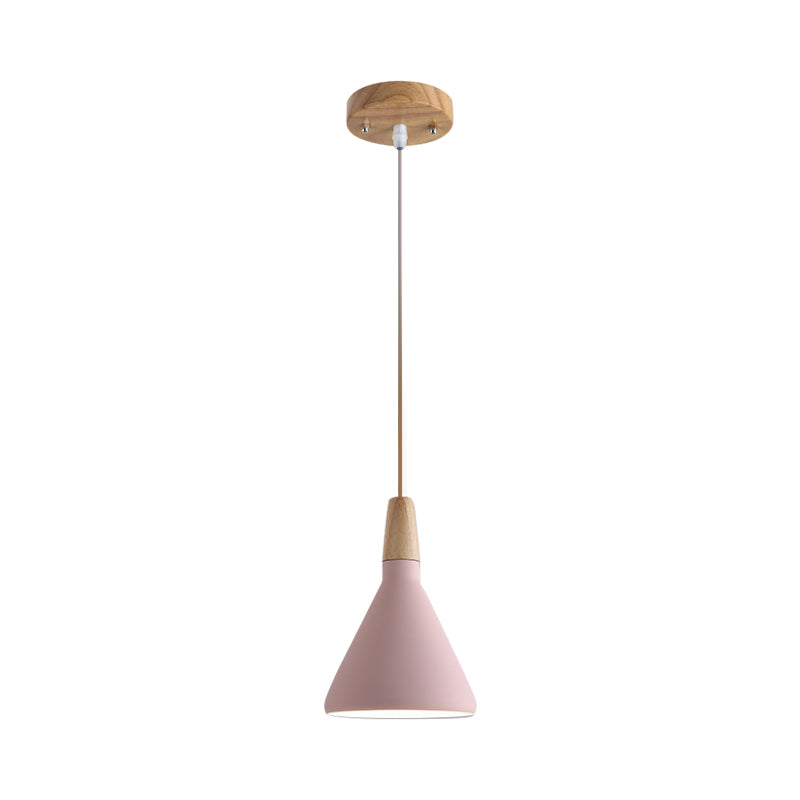 Grey/Pink/Green Cone Hanging Lamp Macaron 1 Bulb Aluminum Ceiling Pendant with Wood Top for Dining Room Clearhalo 'Ceiling Lights' 'Pendant Lights' 'Pendants' Lighting' 1911955