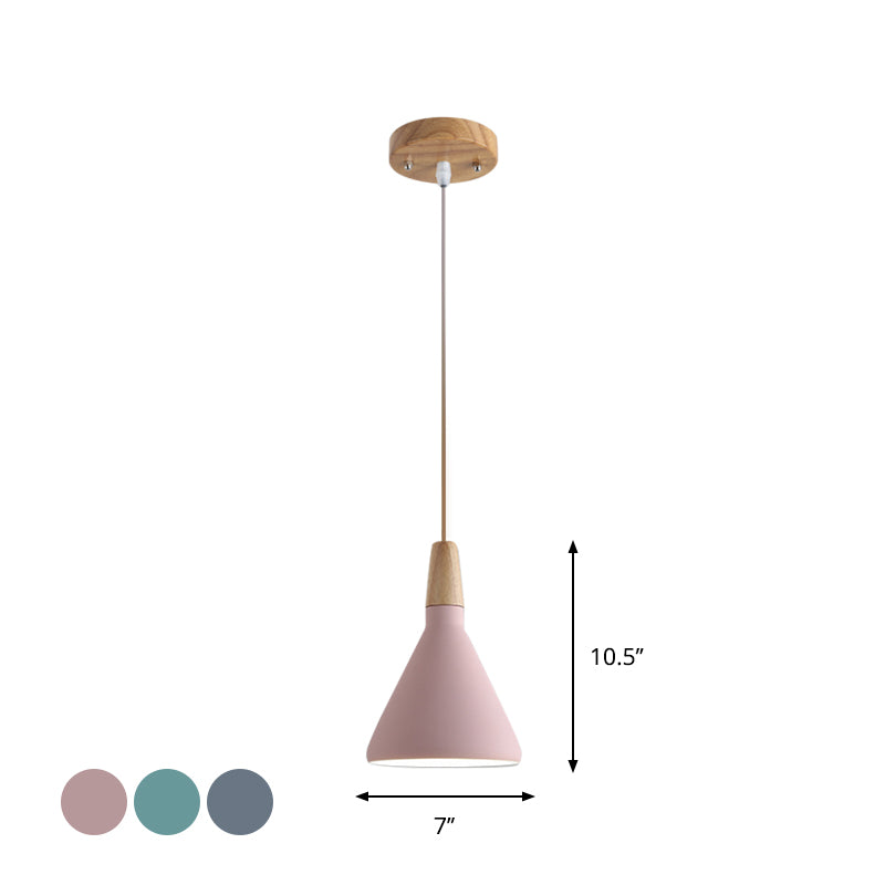Grey/Pink/Green Cone Hanging Lamp Macaron 1 Bulb Aluminum Ceiling Pendant with Wood Top for Dining Room Clearhalo 'Ceiling Lights' 'Pendant Lights' 'Pendants' Lighting' 1911956