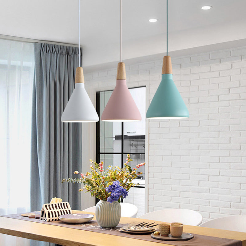 Grey/Pink/Green Cone Hanging Lamp Macaron 1 Bulb Aluminum Ceiling Pendant with Wood Top for Dining Room Clearhalo 'Ceiling Lights' 'Pendant Lights' 'Pendants' Lighting' 1911957