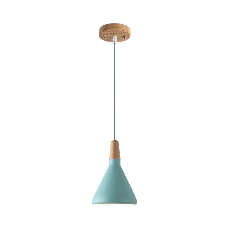 Grey/Pink/Green Cone Hanging Lamp Macaron 1 Bulb Aluminum Ceiling Pendant with Wood Top for Dining Room Clearhalo 'Ceiling Lights' 'Pendant Lights' 'Pendants' Lighting' 1911958