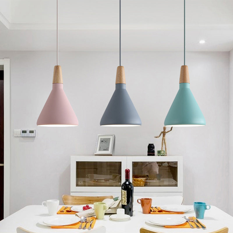 Grey/Pink/Green Cone Hanging Lamp Macaron 1 Bulb Aluminum Ceiling Pendant with Wood Top for Dining Room Clearhalo 'Ceiling Lights' 'Pendant Lights' 'Pendants' Lighting' 1911959