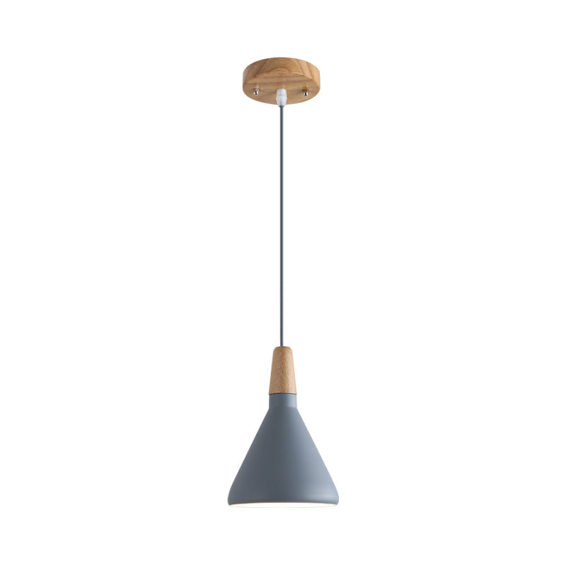 Grey/Pink/Green Cone Hanging Lamp Macaron 1 Bulb Aluminum Ceiling Pendant with Wood Top for Dining Room Clearhalo 'Ceiling Lights' 'Pendant Lights' 'Pendants' Lighting' 1911960