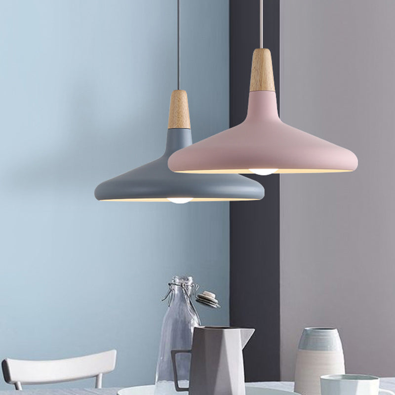 Grey/Pink/Green Cone Hanging Lamp Macaron 1 Bulb Aluminum Ceiling Pendant with Wood Top for Dining Room Clearhalo 'Ceiling Lights' 'Pendant Lights' 'Pendants' Lighting' 1911961