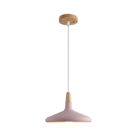 Grey/Pink/Green Cone Hanging Lamp Macaron 1 Bulb Aluminum Ceiling Pendant with Wood Top for Dining Room Clearhalo 'Ceiling Lights' 'Pendant Lights' 'Pendants' Lighting' 1911962