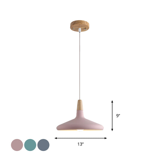 Grey/Pink/Green Cone Hanging Lamp Macaron 1 Bulb Aluminum Ceiling Pendant with Wood Top for Dining Room Clearhalo 'Ceiling Lights' 'Pendant Lights' 'Pendants' Lighting' 1911963