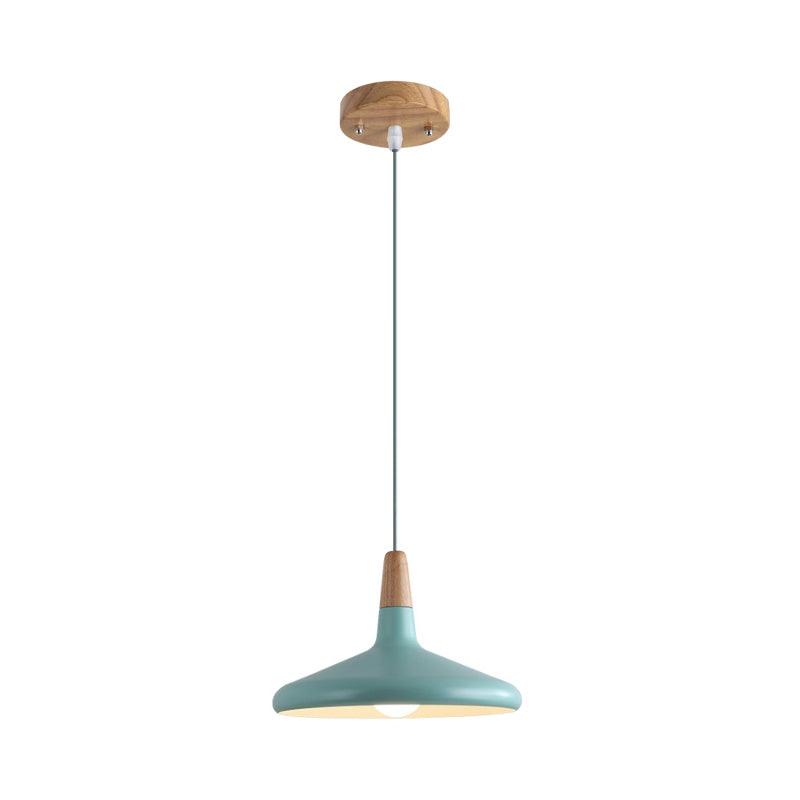Grey/Pink/Green Cone Hanging Lamp Macaron 1 Bulb Aluminum Ceiling Pendant with Wood Top for Dining Room Clearhalo 'Ceiling Lights' 'Pendant Lights' 'Pendants' Lighting' 1911964