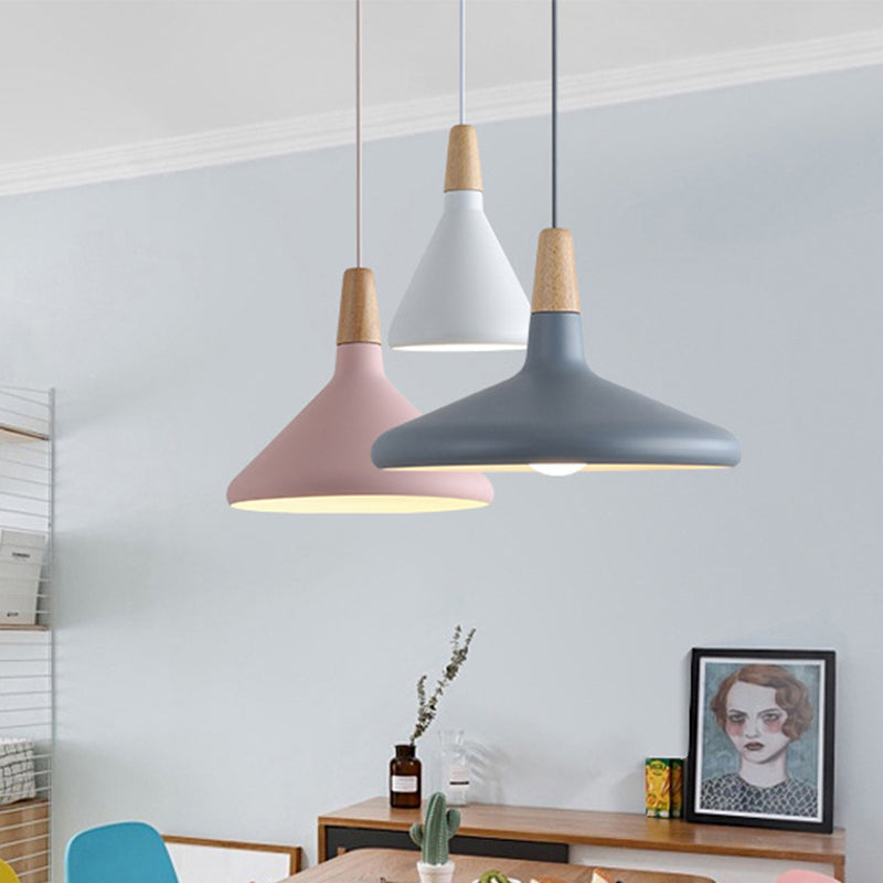 Grey/Pink/Green Cone Hanging Lamp Macaron 1 Bulb Aluminum Ceiling Pendant with Wood Top for Dining Room Clearhalo 'Ceiling Lights' 'Pendant Lights' 'Pendants' Lighting' 1911965