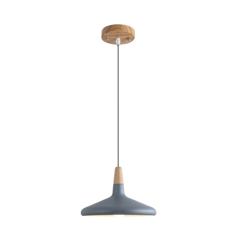 Grey/Pink/Green Cone Hanging Lamp Macaron 1 Bulb Aluminum Ceiling Pendant with Wood Top for Dining Room Clearhalo 'Ceiling Lights' 'Pendant Lights' 'Pendants' Lighting' 1911966